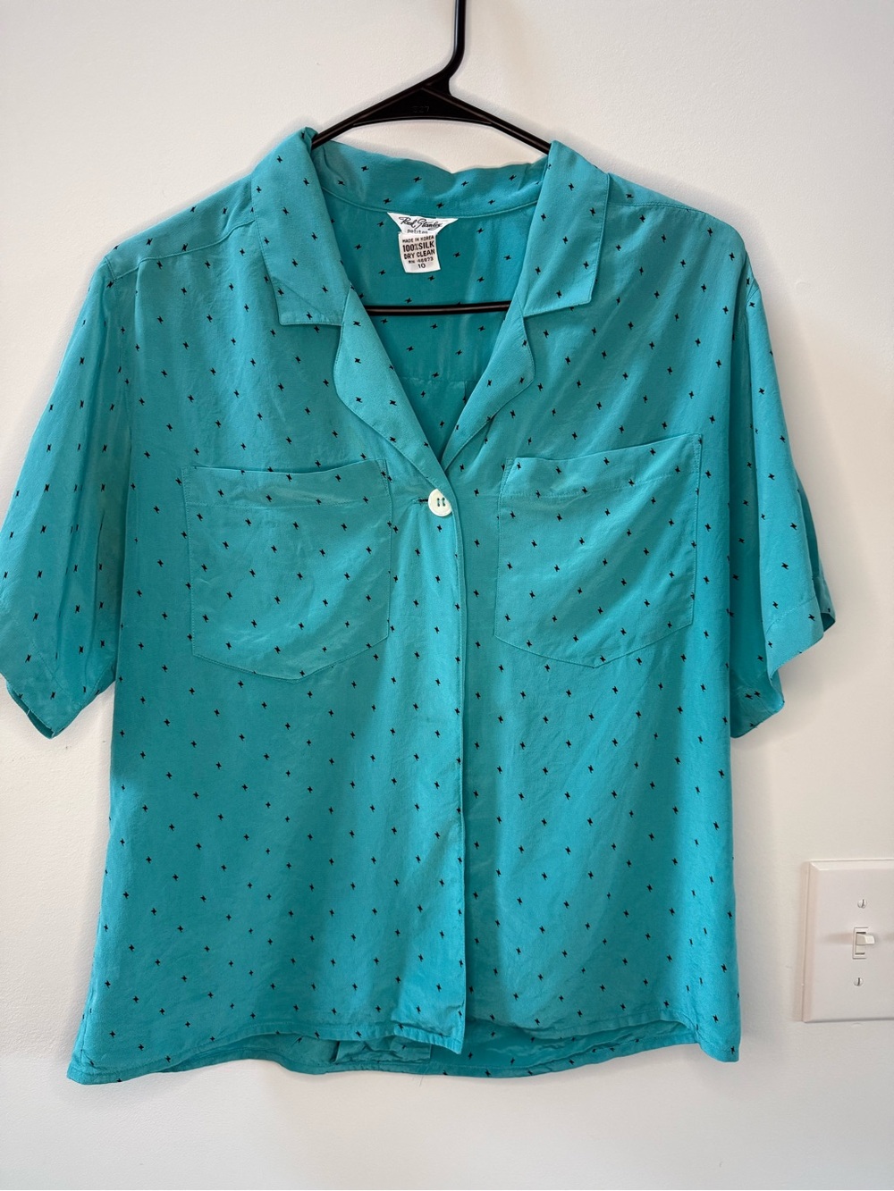 Paul Stanley 100 silk Teal Short-Sleeve Button-Down Shirt, petite